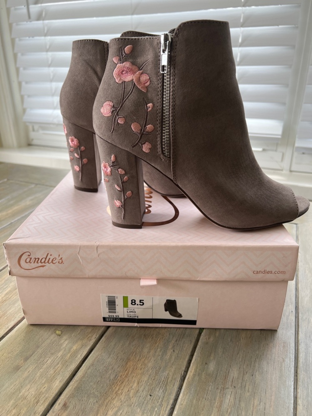 Candie's Taupe Peep-Toe Ankle Boots with Pink Floral Embroidery